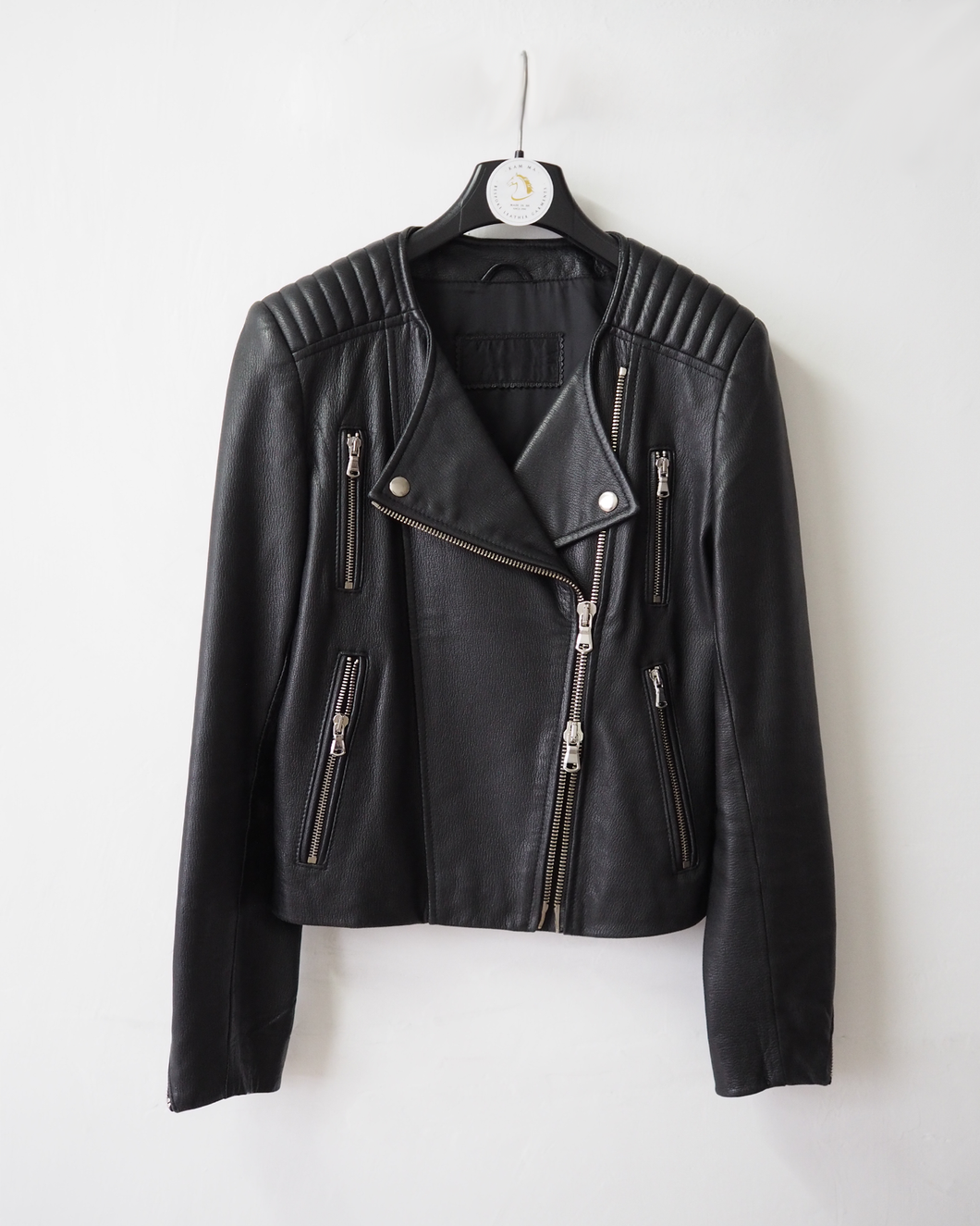 Women's Leather Biker Jacket With Quilted Shoulder